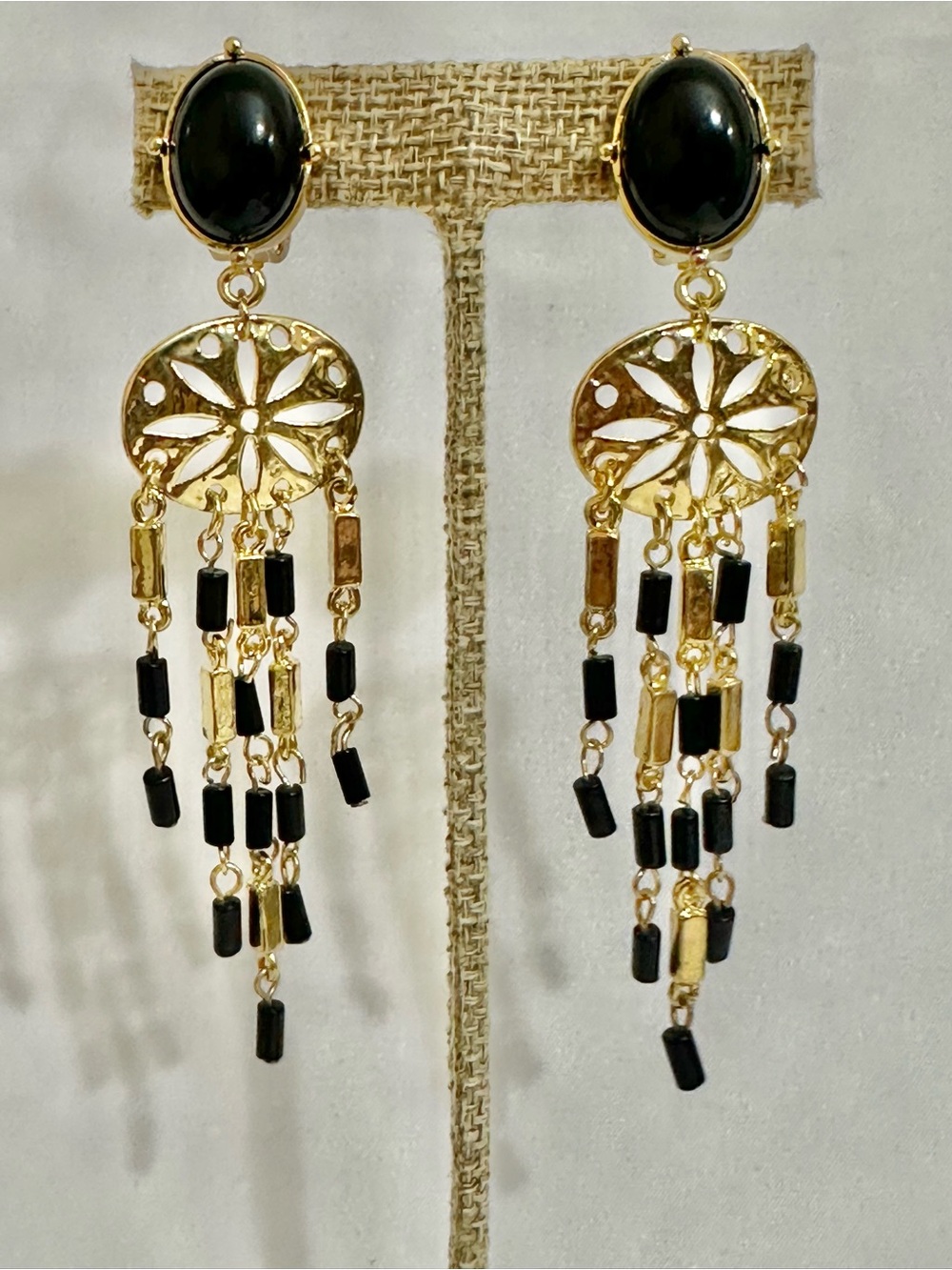 4” Vintage Gold Plated Statement Earrings w/Gold & Black Dangles Accents